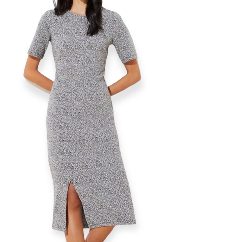 LOFT Midi Dress Snow Leopard Knit Jacquard Short Sleeves Front Side Slit